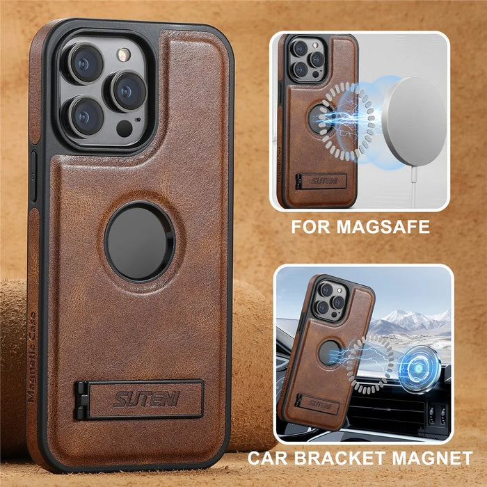 SUTENI G2 For iPhone 15 Pro Magnetic Case Litchi Texture Leather+TPU Cover with Kickstand - Brown - 5