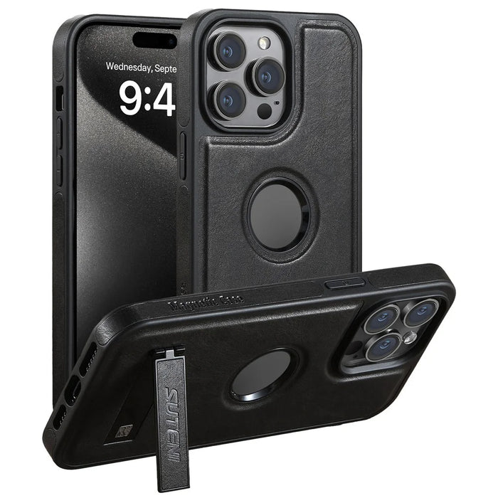 SUTENI G2 For iPhone 15 Pro Max Magnetic Case Waxy Texture Leather + TPU Phone Cover - Black - 1