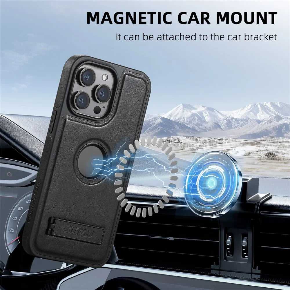 SUTENI G2 For iPhone 15 Pro Max Magnetic Case Waxy Texture Leather + TPU Phone Cover - Black - 3