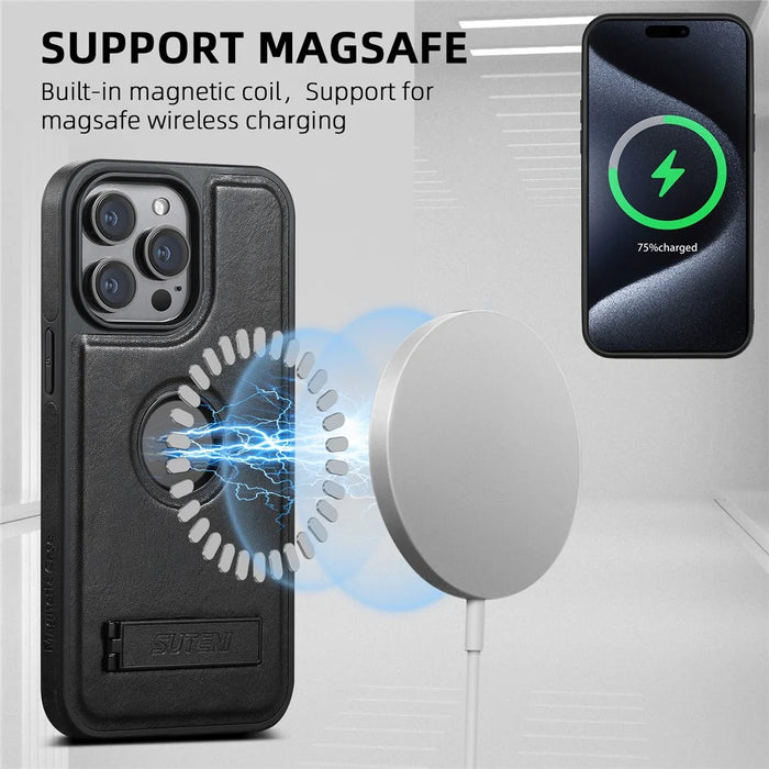 SUTENI G2 For iPhone 15 Pro Max Magnetic Case Waxy Texture Leather + TPU Phone Cover - Black - 4