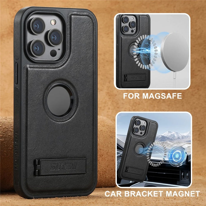 SUTENI G2 For iPhone 15 Pro Max Magnetic Case Waxy Texture Leather + TPU Phone Cover - Black - 5