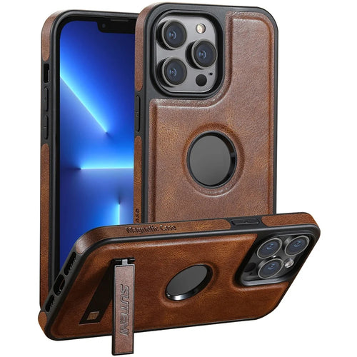 SUTENI G2 For iPhone 13 Pro Magnetic Case Leather Phone Back Cover Waxy Texture Invisible Kickstand - Brown - 1