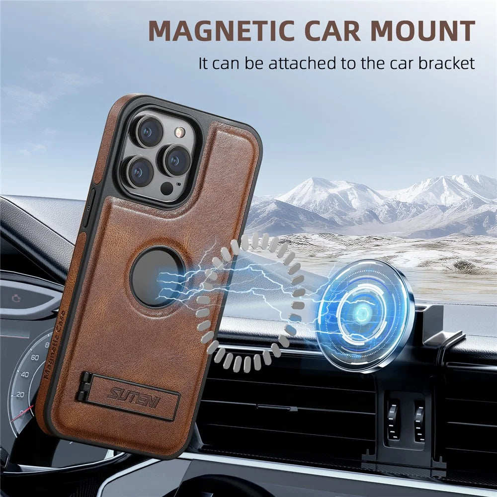 SUTENI G2 For iPhone 13 Pro Magnetic Case Leather Phone Back Cover Waxy Texture Invisible Kickstand - Brown - 3