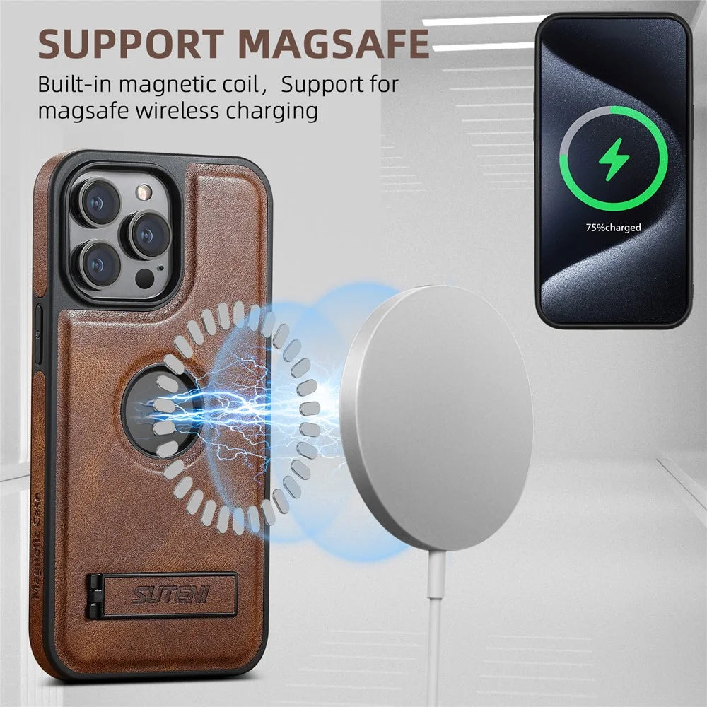 SUTENI G2 For iPhone 13 Pro Magnetic Case Leather Phone Back Cover Waxy Texture Invisible Kickstand - Brown - 4