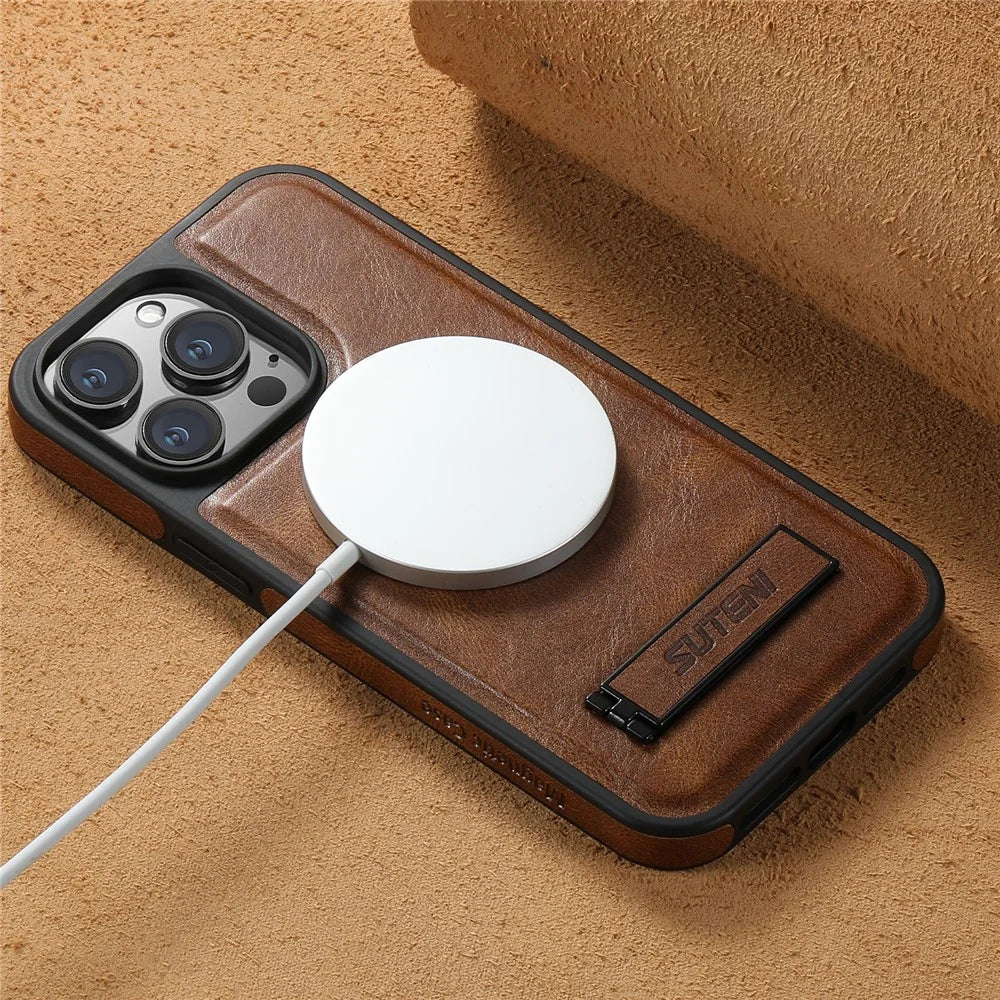 SUTENI G2 For iPhone 13 Pro Magnetic Case Leather Phone Back Cover Waxy Texture Invisible Kickstand - Brown - 6