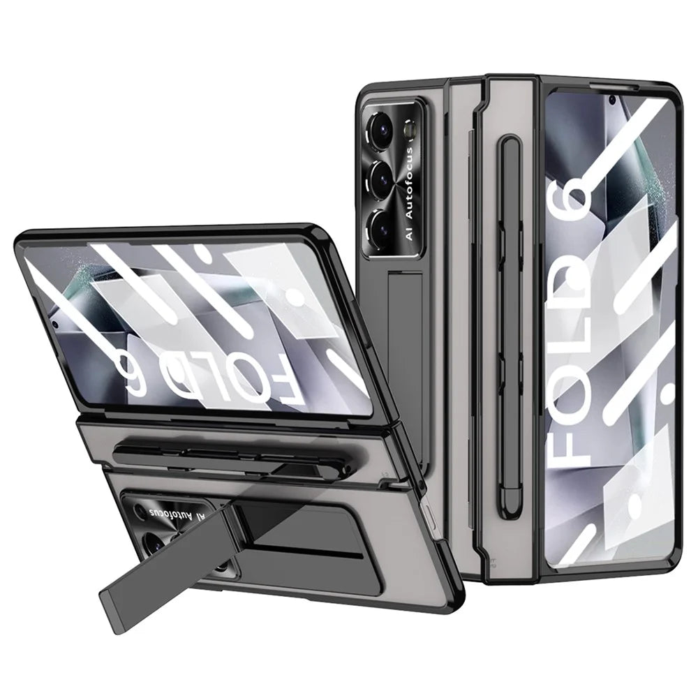 For Samsung Galaxy Z Fold6 5G Kickstand Phone Case PC Folding Cover with Tempered Glass Film + Stylus Pen - Black - 1
