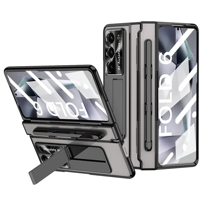 For Samsung Galaxy Z Fold6 5G Kickstand Phone Case PC Folding Cover with Tempered Glass Film + Stylus Pen - Black - 1
