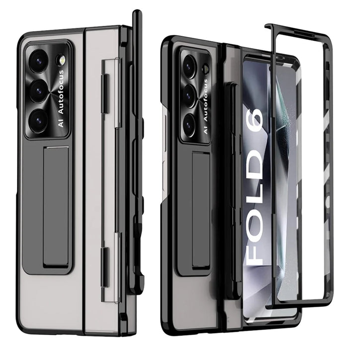 For Samsung Galaxy Z Fold6 5G Kickstand Phone Case PC Folding Cover with Tempered Glass Film + Stylus Pen - Black - 2