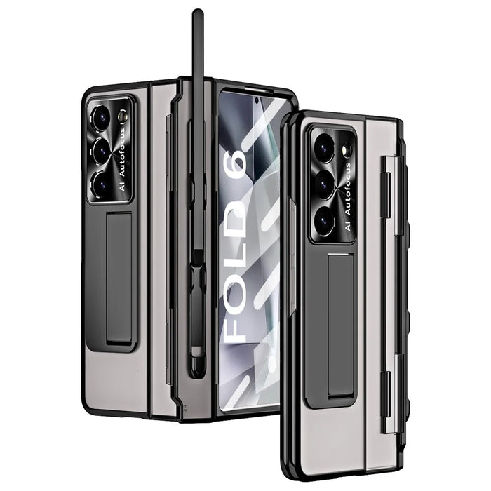 For Samsung Galaxy Z Fold6 5G Kickstand Phone Case PC Folding Cover with Tempered Glass Film + Stylus Pen - Black - 3