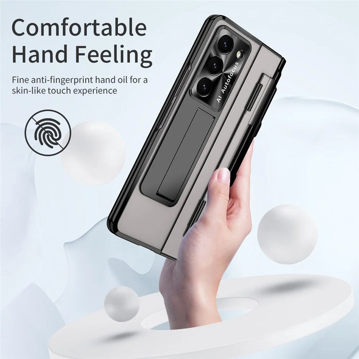 For Samsung Galaxy Z Fold6 5G Kickstand Phone Case PC Folding Cover with Tempered Glass Film + Stylus Pen - Black - 4