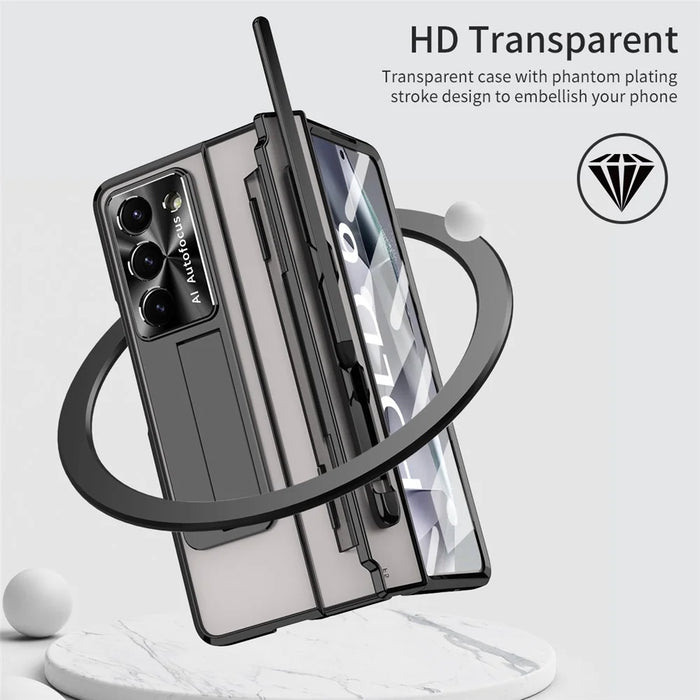 For Samsung Galaxy Z Fold6 5G Kickstand Phone Case PC Folding Cover with Tempered Glass Film + Stylus Pen - Black - 5
