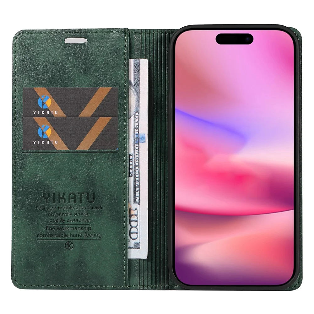 YIKATU YK-006 For iPhone 16 Wallet Case Scratch-Proof Leather Phone Cover - Green - 2