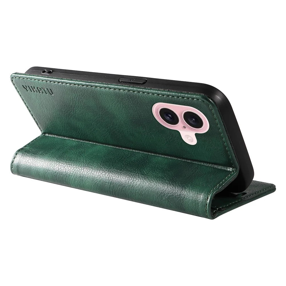 YIKATU YK-006 For iPhone 16 Wallet Case Scratch-Proof Leather Phone Cover - Green - 4
