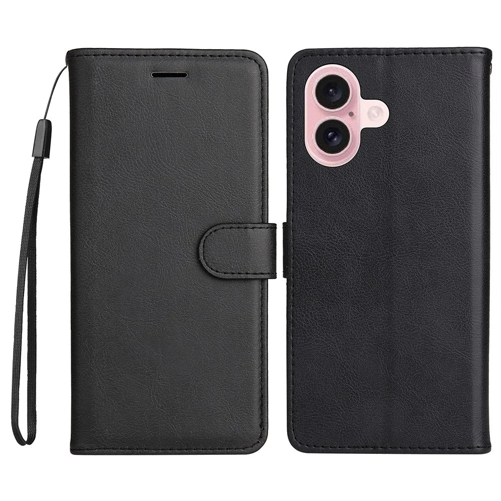 For iPhone 16 Case Solid Color Leather Mobile Cover Wallet Stand with Strap - Black - 1