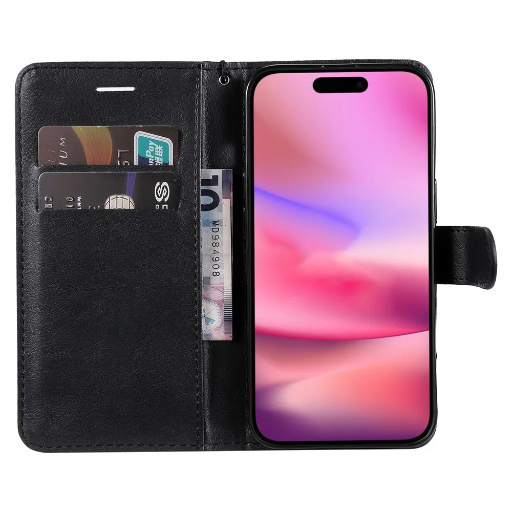 For iPhone 16 Case Solid Color Leather Mobile Cover Wallet Stand with Strap - Black - 2