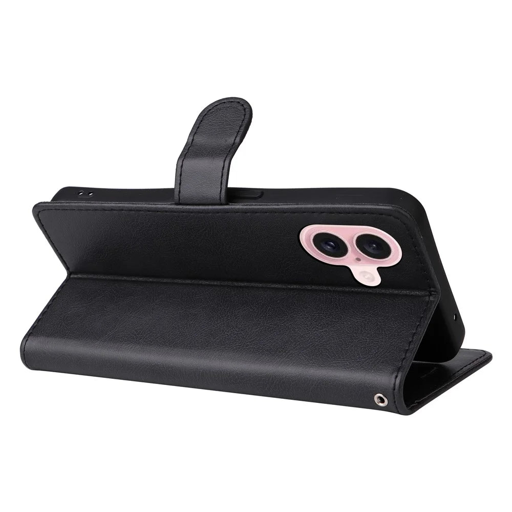 For iPhone 16 Case Solid Color Leather Mobile Cover Wallet Stand with Strap - Black - 3