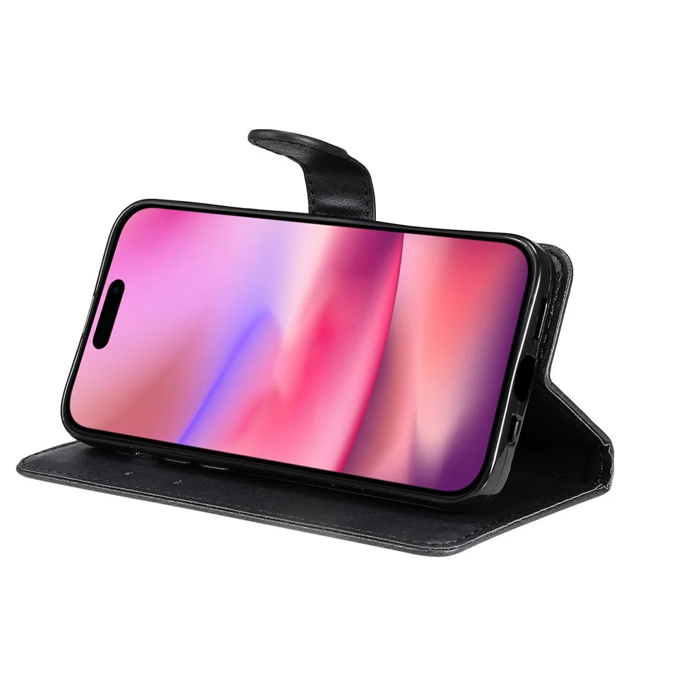 For iPhone 16 Case Solid Color Leather Mobile Cover Wallet Stand with Strap - Black - 4