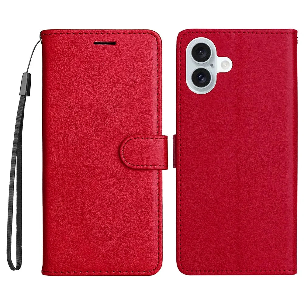 For iPhone 16 Plus Case Solid Color Leather Mobile Cover Wallet Stand with Strap - Red - 1