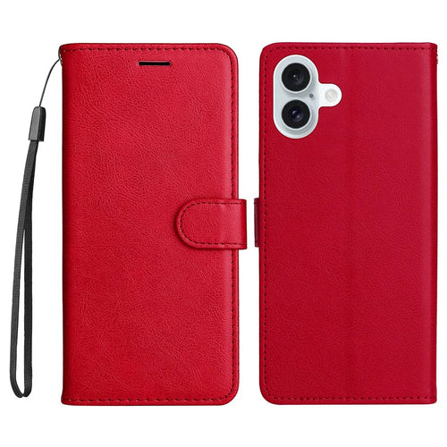 For iPhone 16 Plus Case Solid Color Leather Mobile Cover Wallet Stand with Strap - Red - 1