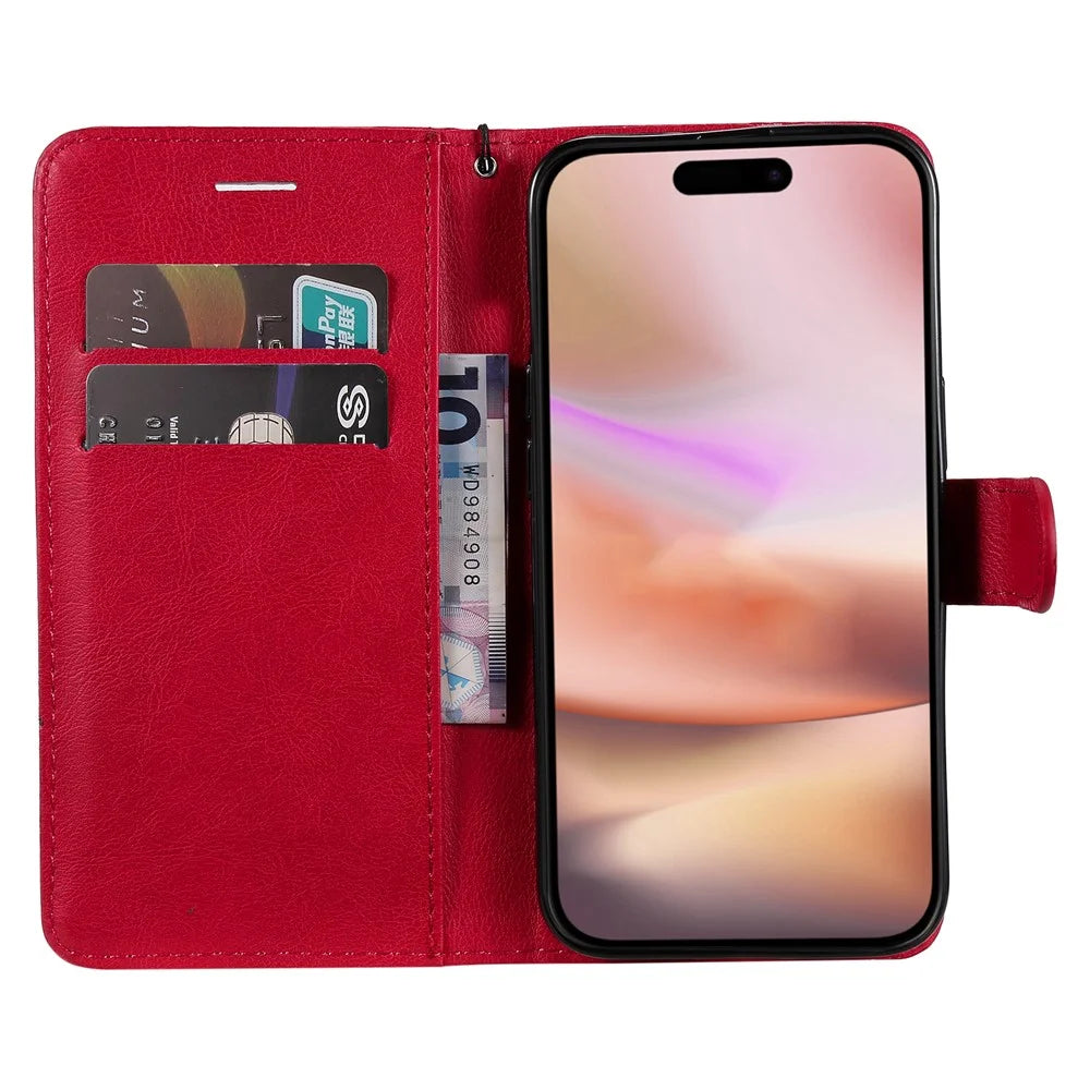 For iPhone 16 Plus Case Solid Color Leather Mobile Cover Wallet Stand with Strap - Red - 2