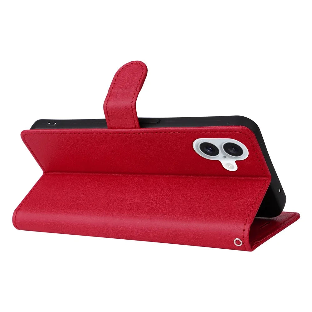 For iPhone 16 Plus Case Solid Color Leather Mobile Cover Wallet Stand with Strap - Red - 3