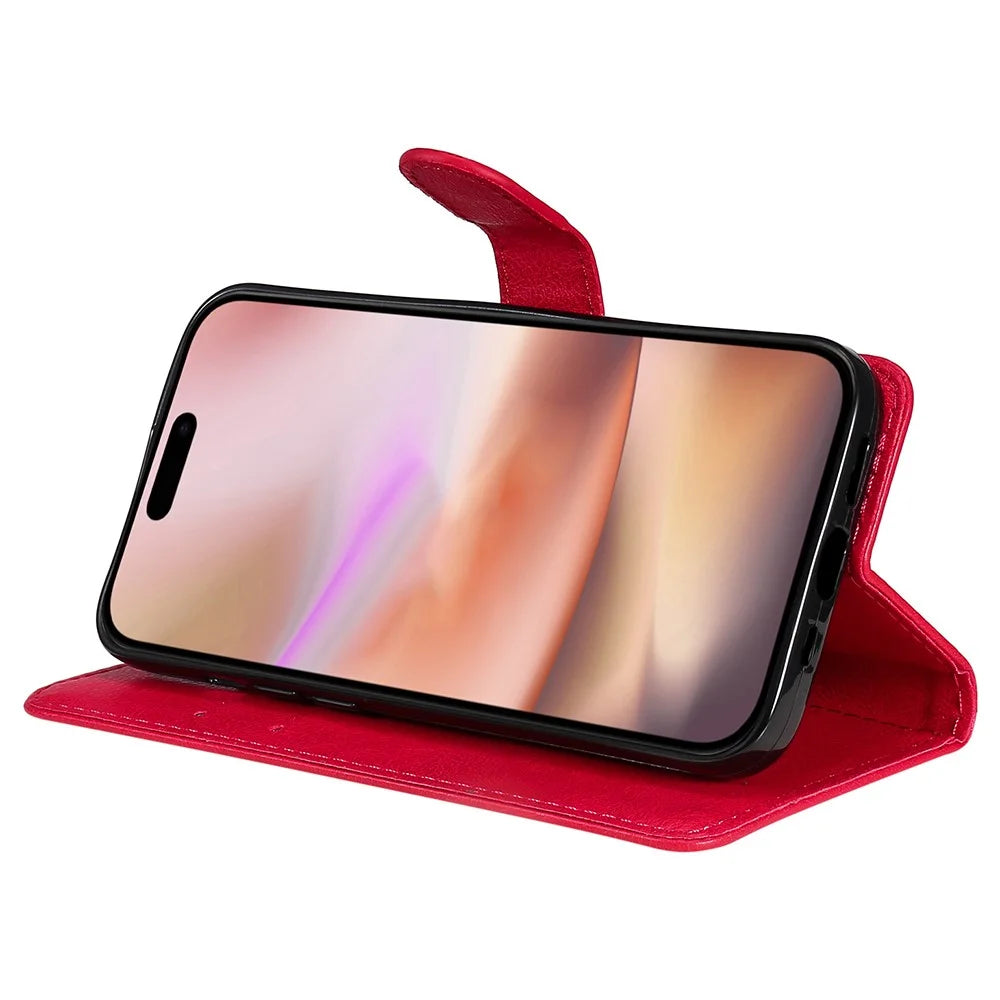 For iPhone 16 Plus Case Solid Color Leather Mobile Cover Wallet Stand with Strap - Red - 4