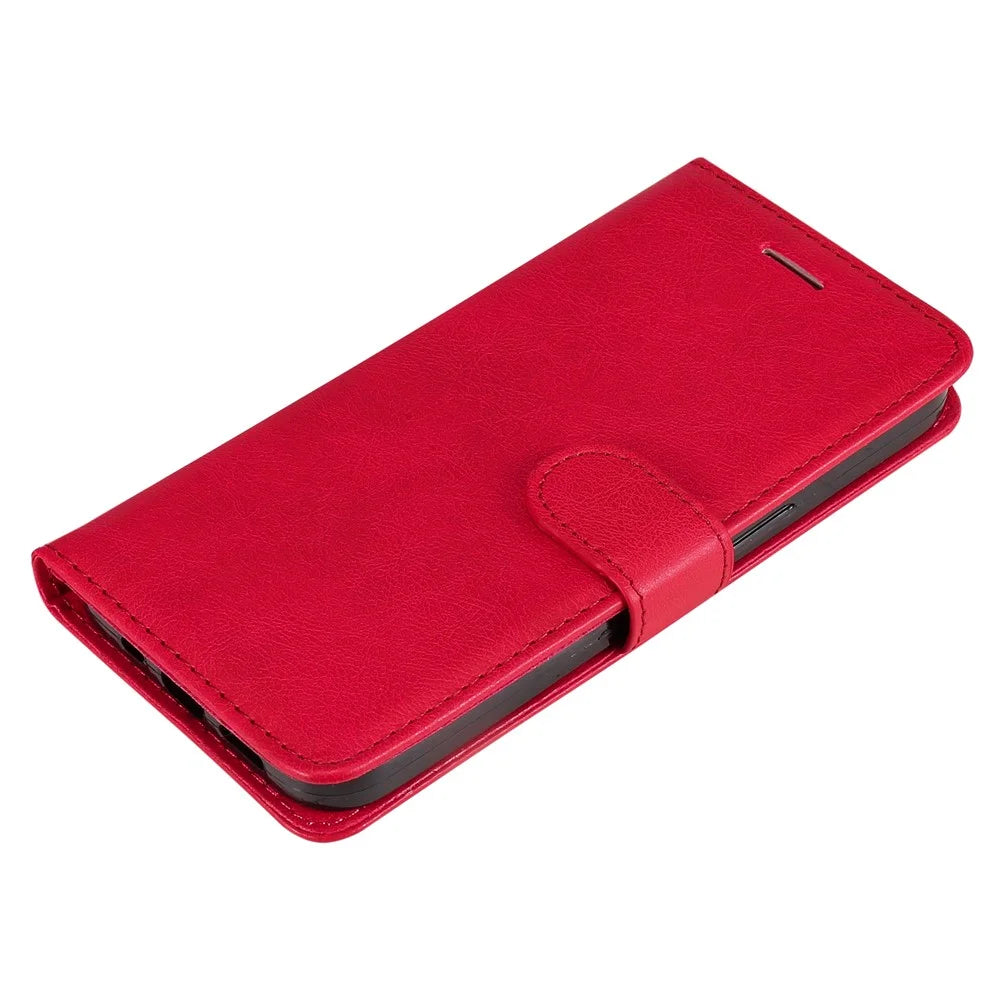 For iPhone 16 Plus Case Solid Color Leather Mobile Cover Wallet Stand with Strap - Red - 5