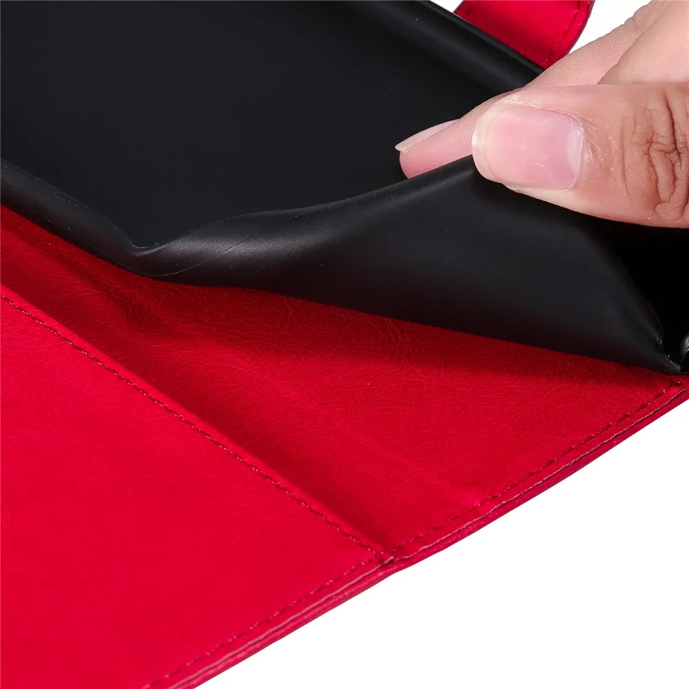 For iPhone 16 Plus Case Solid Color Leather Mobile Cover Wallet Stand with Strap - Red - 6
