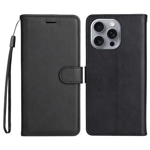 For iPhone 16 Pro Max Case Solid Color Leather Mobile Cover Wallet Stand with Strap - Black - 1