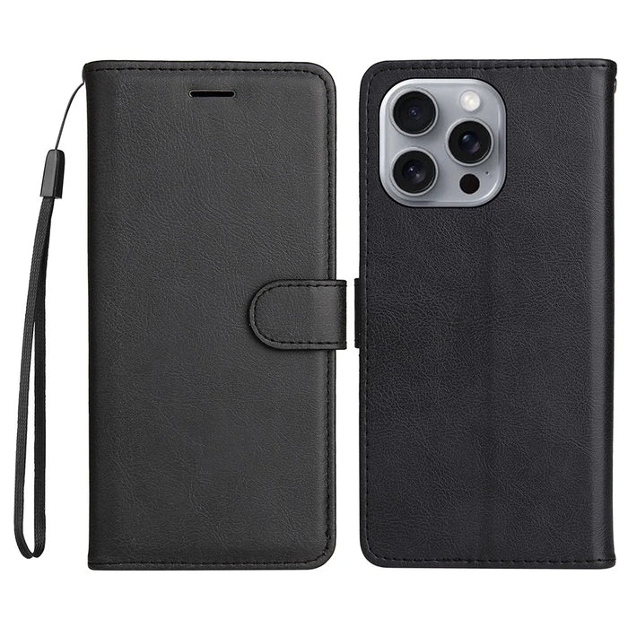 For iPhone 16 Pro Max Case Solid Color Leather Mobile Cover Wallet Stand with Strap - Black - 1