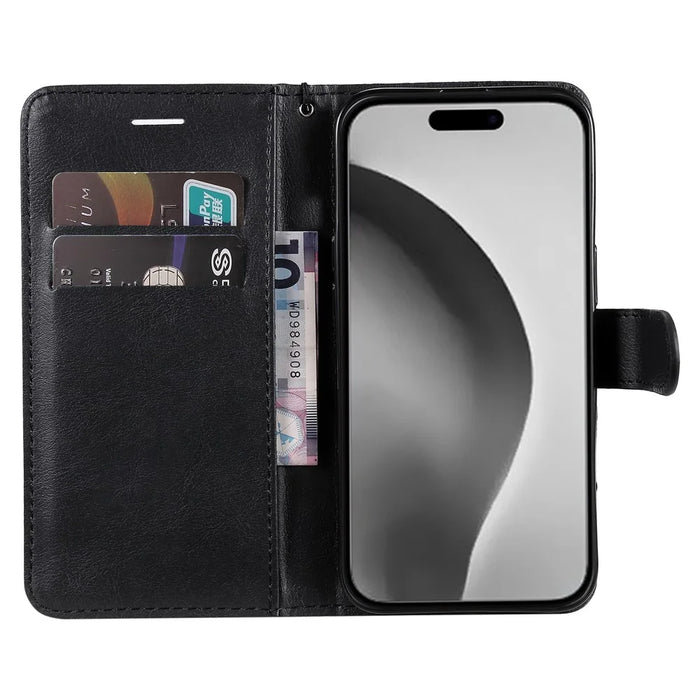 For iPhone 16 Pro Max Case Solid Color Leather Mobile Cover Wallet Stand with Strap - Black - 2