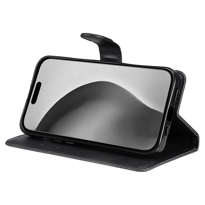 For iPhone 16 Pro Max Case Solid Color Leather Mobile Cover Wallet Stand with Strap - Black - 4