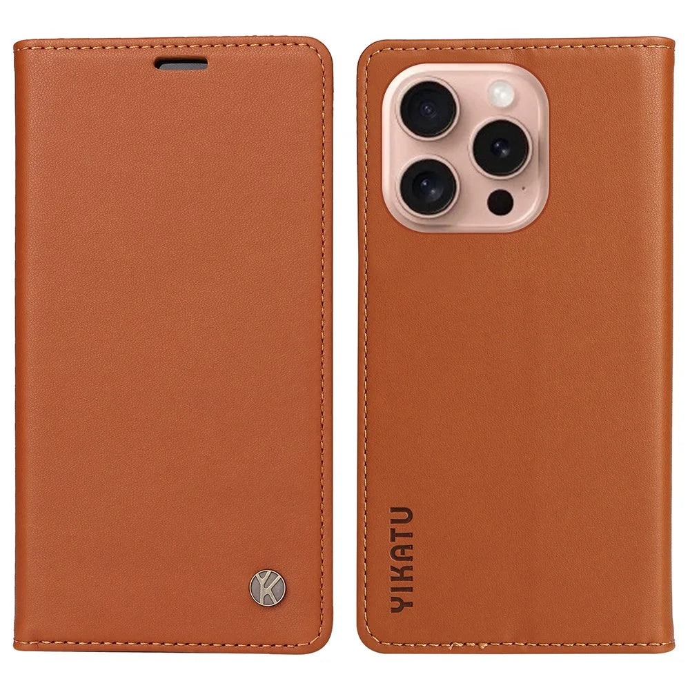 YIKATU YK-001 For iPhone 16 Pro Protective Case PU Leather Stand Wallet Phone Cover - Brown - 1