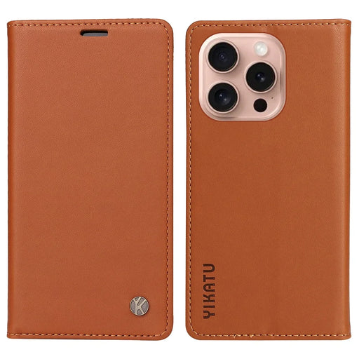 YIKATU YK-001 For iPhone 16 Pro Protective Case PU Leather Stand Wallet Phone Cover - Brown - 1
