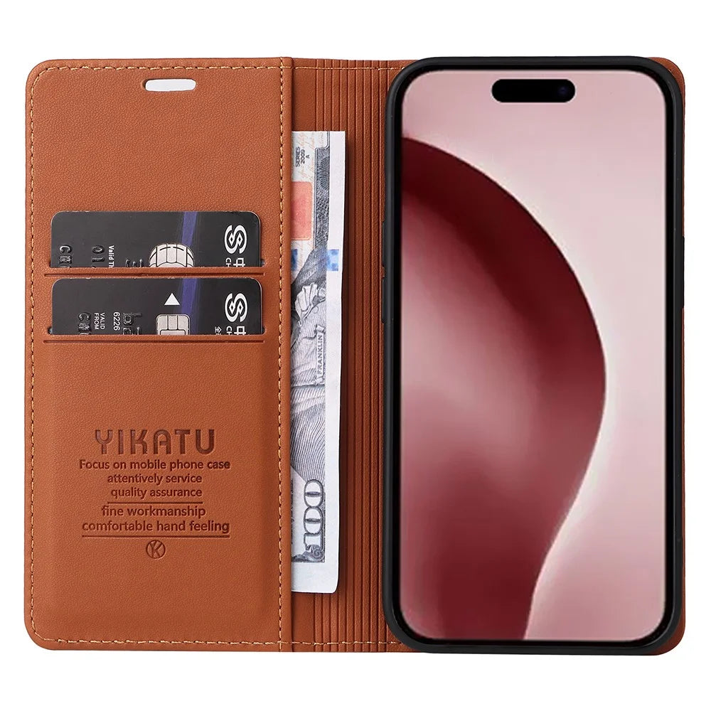 YIKATU YK-001 For iPhone 16 Pro Protective Case PU Leather Stand Wallet Phone Cover - Brown - 2