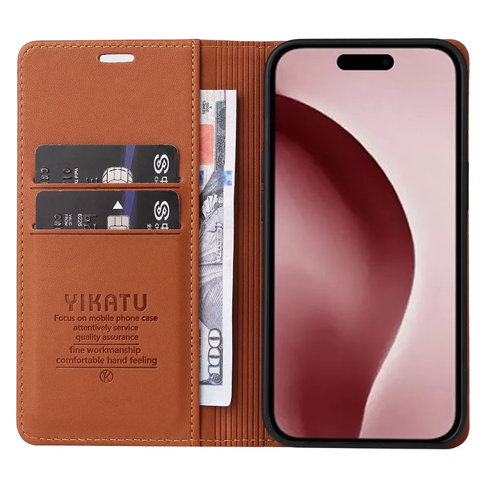 YIKATU YK-001 For iPhone 16 Pro Protective Case PU Leather Stand Wallet Phone Cover - Brown - 2