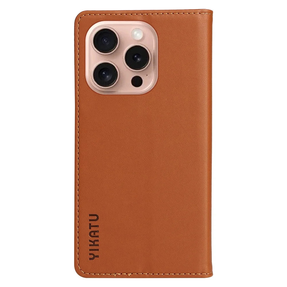 YIKATU YK-001 For iPhone 16 Pro Protective Case PU Leather Stand Wallet Phone Cover - Brown - 7