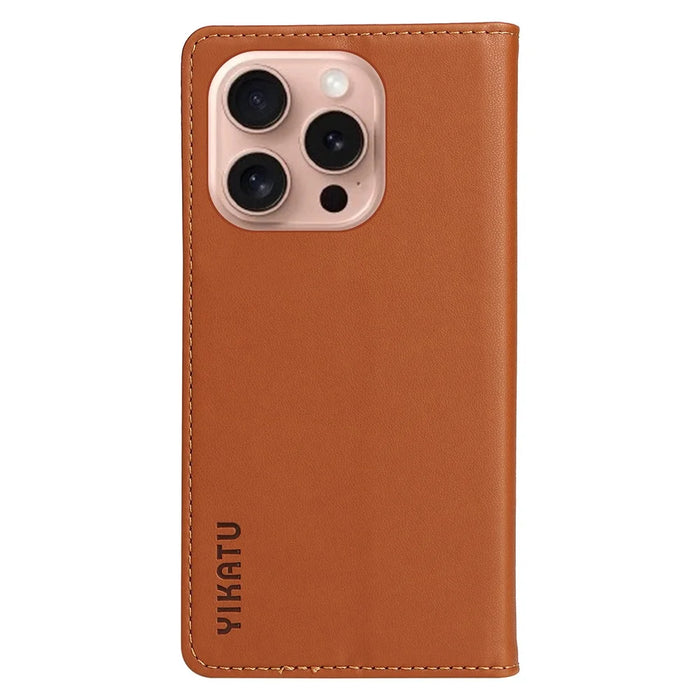 YIKATU YK-001 For iPhone 16 Pro Protective Case PU Leather Stand Wallet Phone Cover - Brown - 7