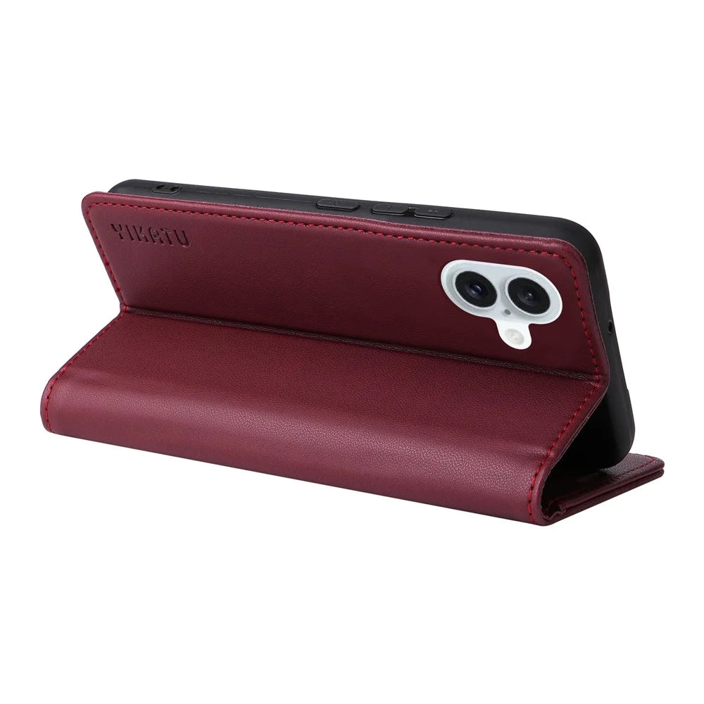 YIKATU YK-001 For iPhone 16 Plus Case Magnetic Closing Leather Phone Cover - Wine Red - 3
