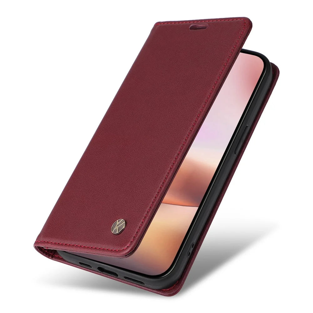 YIKATU YK-001 For iPhone 16 Plus Case Magnetic Closing Leather Phone Cover - Wine Red - 5