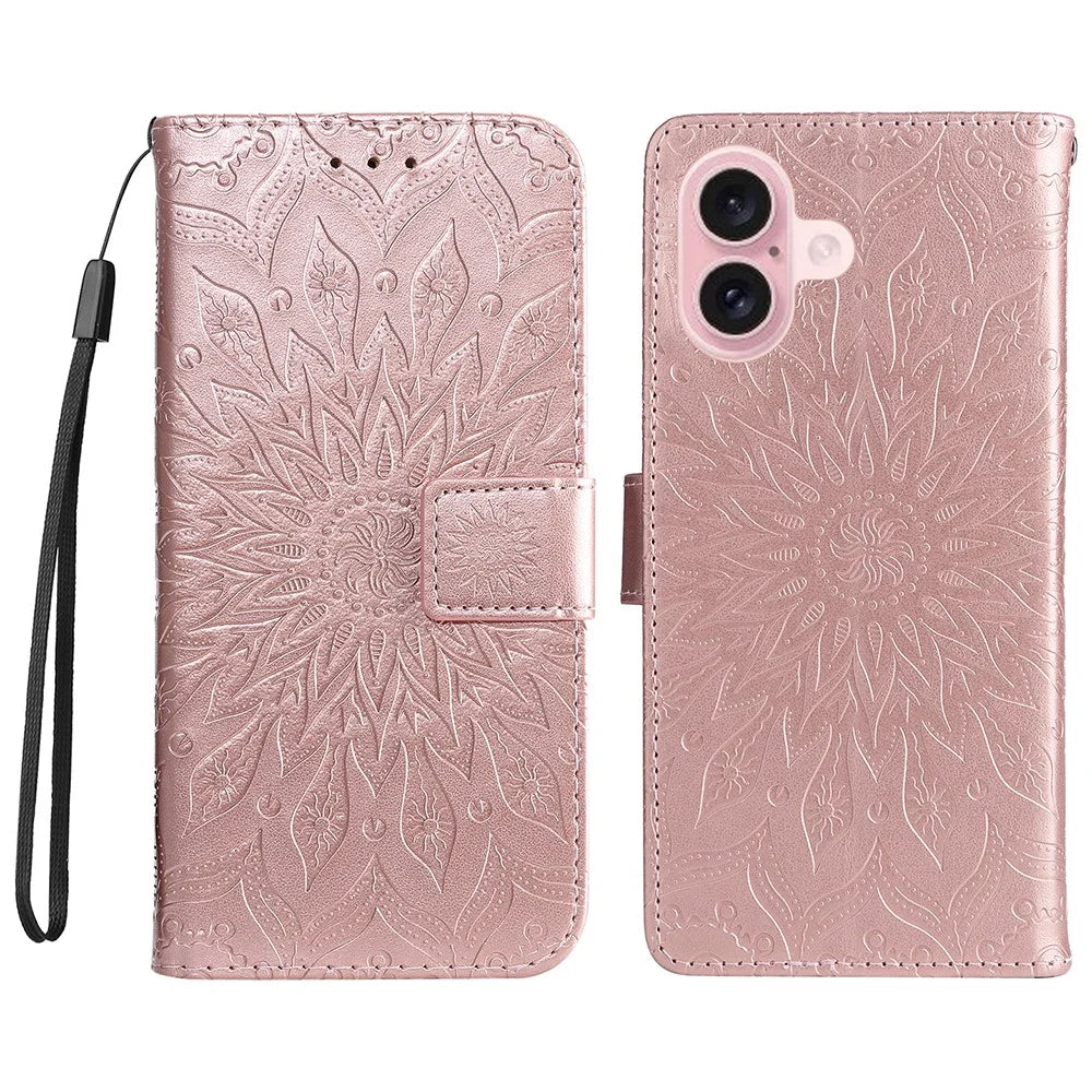 For iPhone 16 Plus Phone Case Sunflower Imprinted Leather Wallet Stand Cover with Strap - Rose Gold - 1