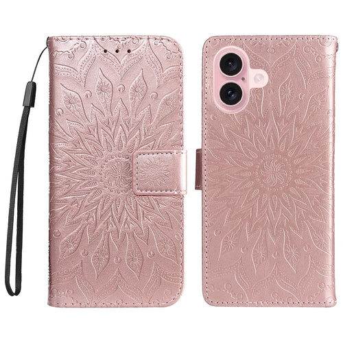 For iPhone 16 Plus Phone Case Sunflower Imprinted Leather Wallet Stand Cover with Strap - Rose Gold - 1