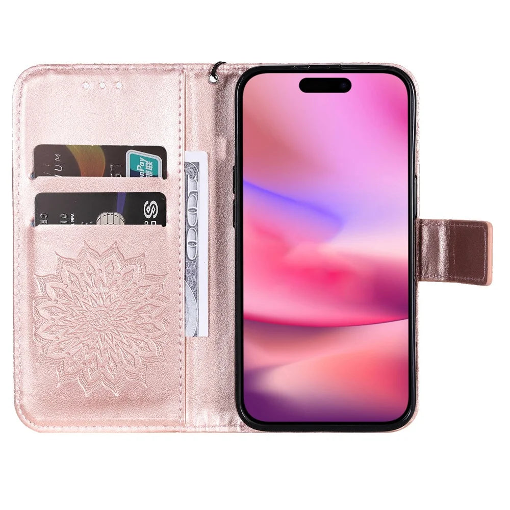For iPhone 16 Plus Phone Case Sunflower Imprinted Leather Wallet Stand Cover with Strap - Rose Gold - 2