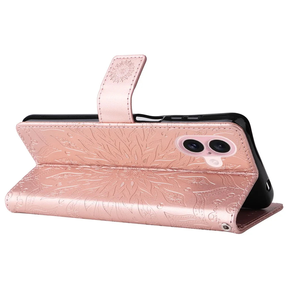 For iPhone 16 Plus Phone Case Sunflower Imprinted Leather Wallet Stand Cover with Strap - Rose Gold - 3