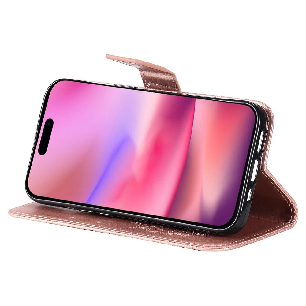 For iPhone 16 Plus Phone Case Sunflower Imprinted Leather Wallet Stand Cover with Strap - Rose Gold - 4