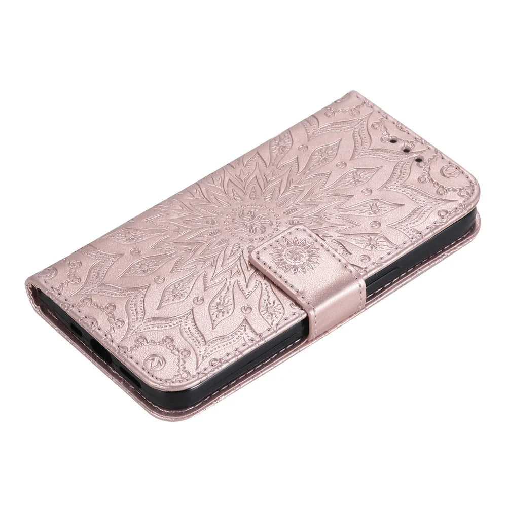 For iPhone 16 Plus Phone Case Sunflower Imprinted Leather Wallet Stand Cover with Strap - Rose Gold - 5