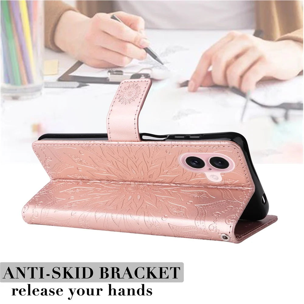 For iPhone 16 Plus Phone Case Sunflower Imprinted Leather Wallet Stand Cover with Strap - Rose Gold - 6