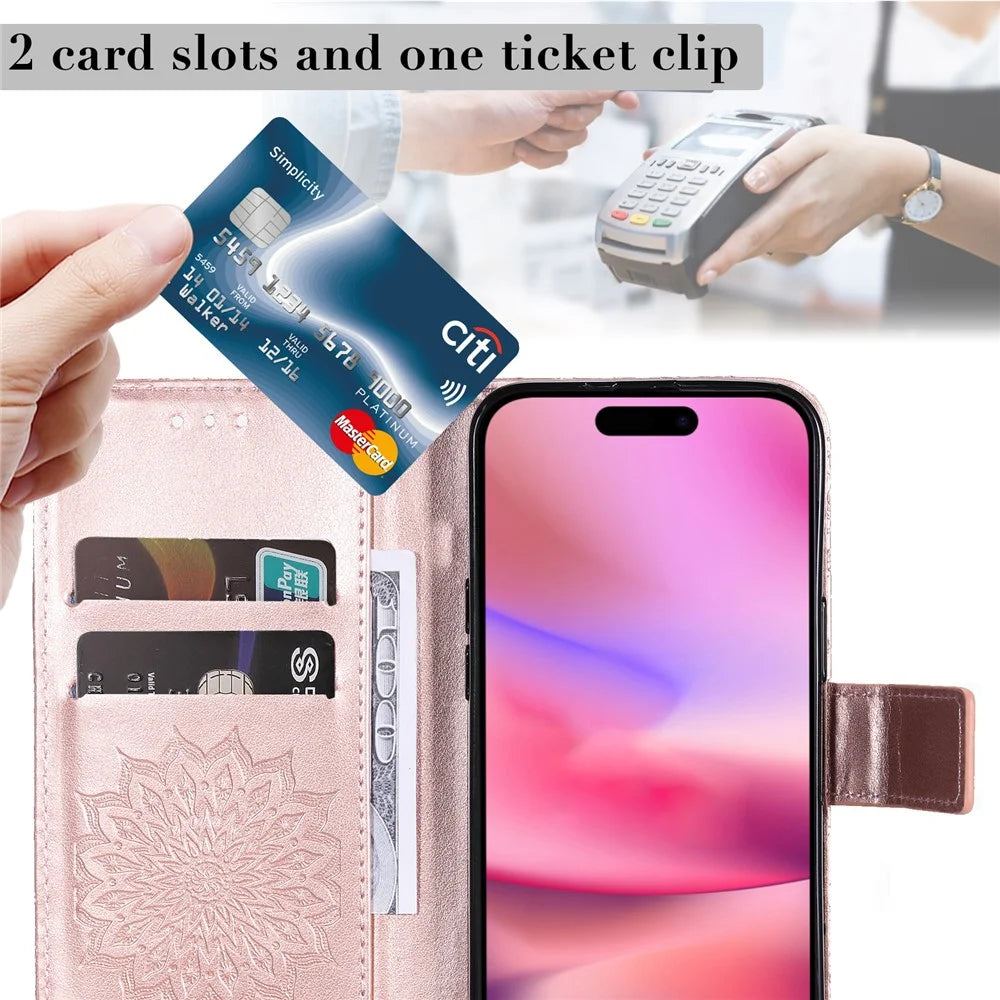 For iPhone 16 Plus Phone Case Sunflower Imprinted Leather Wallet Stand Cover with Strap - Rose Gold - 7