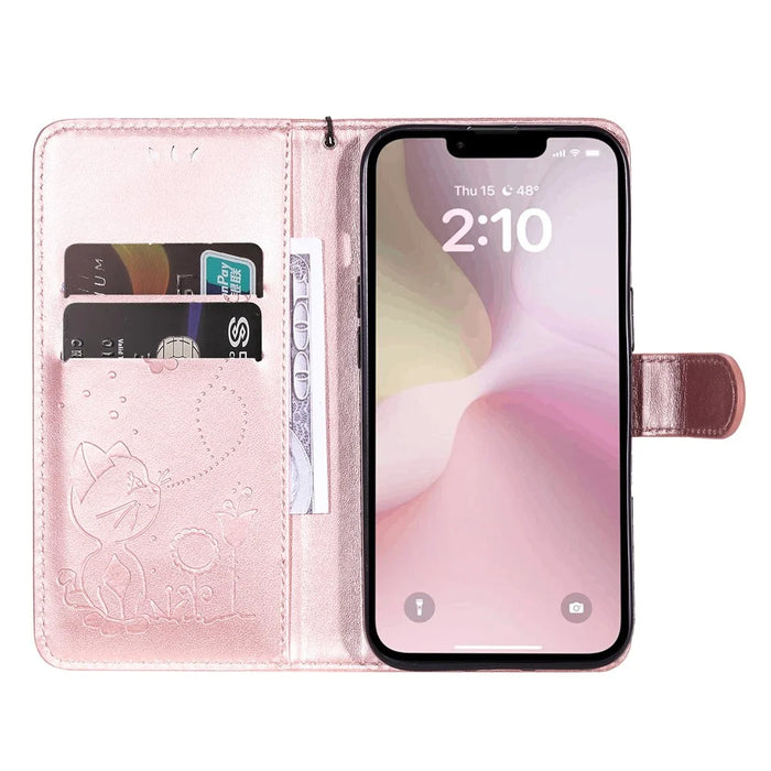 For iPhone 17e / 16e Leather Case Cat Bee Pattern Phone Cover Wallet Stand with Strap - Rose Gold - 2