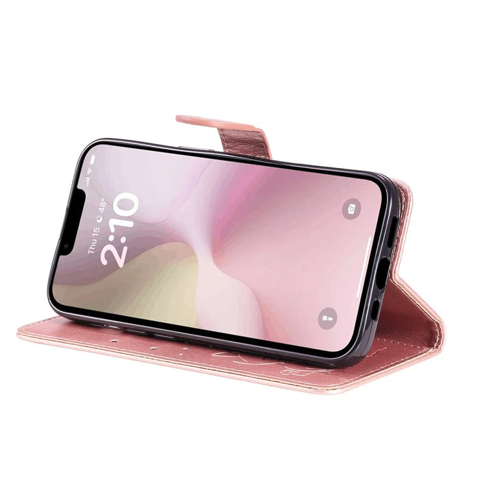 For iPhone 17e / 16e Leather Case Cat Bee Pattern Phone Cover Wallet Stand with Strap - Rose Gold - 4